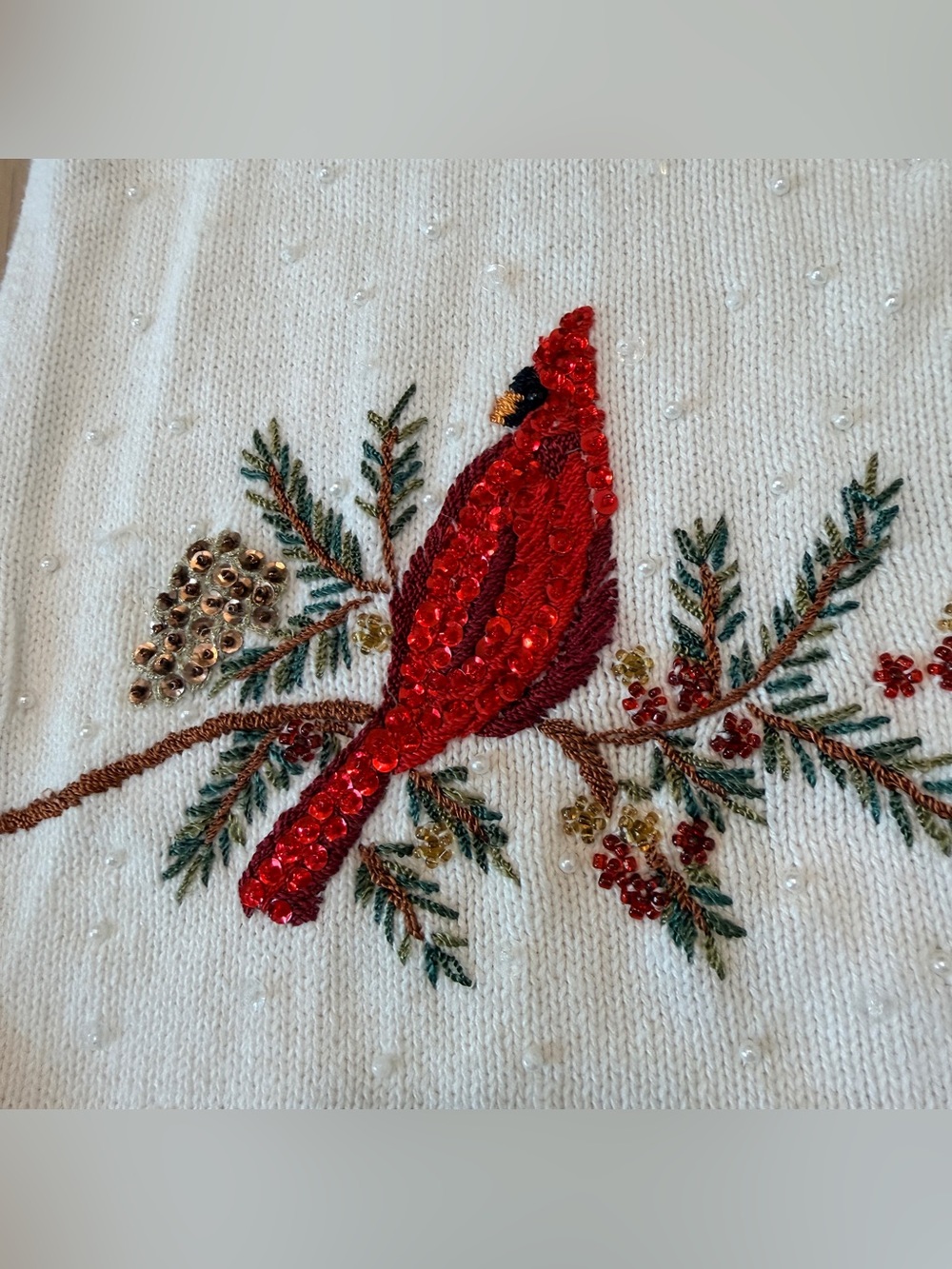 Tiara International Christmas Cardinal Sweater M Beaded Zip Front Pom Pom Vtg - Picture 4 of 11